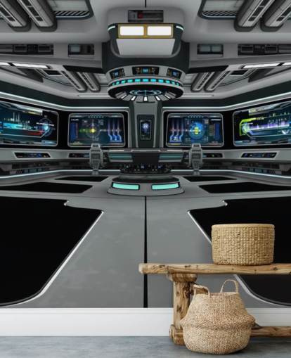 mural plateado de papel pintado personalizado de naves espaciales en 3D llamado Spaceship Deck para dormitorios de niños y adolescentes