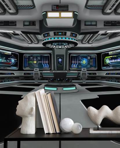 silver 3d custom spaceship wallpaper mural called Spaceship Deck for child's bedroom and teen bedrooms