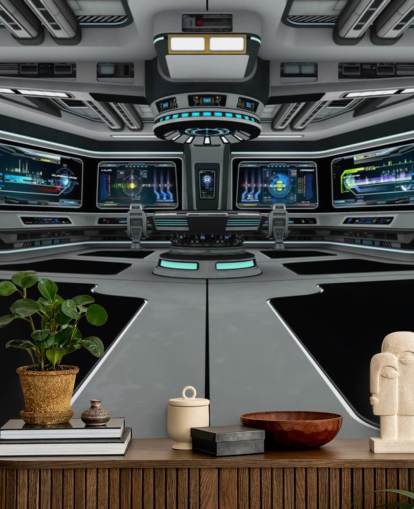 sølv 3d brugerdefineret rumskibstapetmaleri kaldet Spaceship Deck til børns soveværelse og teenagersoveværelser sølv 3d brugerdefineret rumskibstapetmaleri kaldet Spaceship Deck til børns soveværelse og teenagersoveværelser