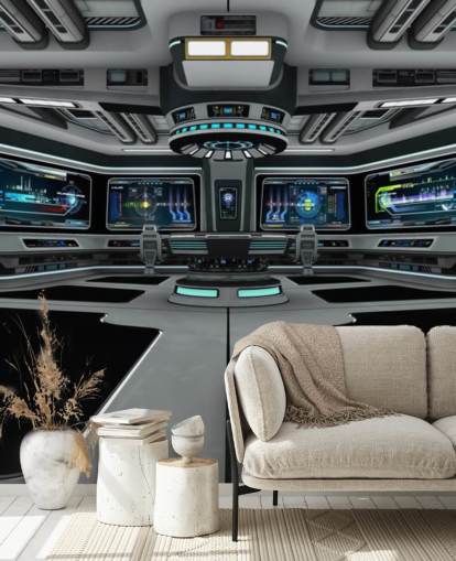 silver 3d custom spaceship wallpaper mural called Spaceship Deck for child's bedroom and teen bedrooms