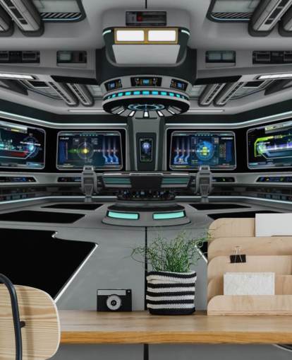 sølv 3d tilpasset romskip tapetmaleri kalt Spaceship Deck for barnas soverom og tenåringssoverom