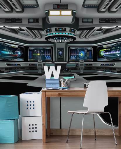 hopea 3d mukautettu avaruusaluksen taustakuvamaalaus nimeltä Spaceship Deck lasten makuuhuoneeseen ja teini-ikäisiin makuuhuoneisiin