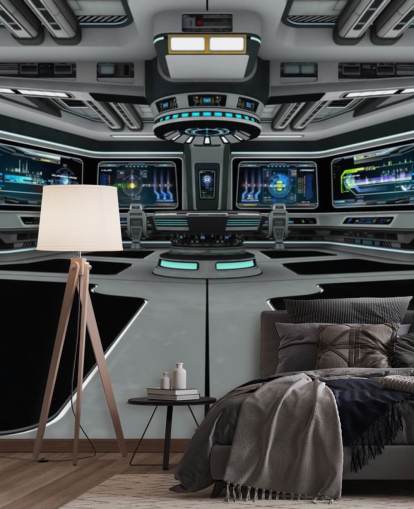 silver 3d anpassad rymdskepp tapetväggmålning kallad Spaceship Deck för barns sovrum och tonårsrum