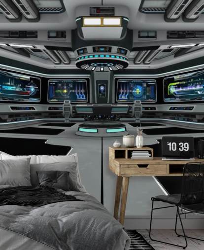 mural plateado de papel pintado personalizado de naves espaciales en 3D llamado Spaceship Deck para dormitorios de niños y adolescentes