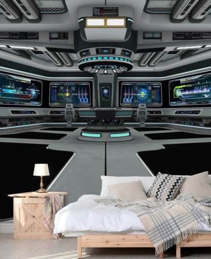 mural de papel de parede de nave espacial personalizado em 3D prateado chamado Spaceship Deck para quartos de crianças e quartos de adolescentes