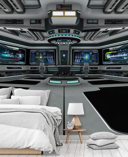 mural plateado de papel pintado personalizado de naves espaciales en 3D llamado Spaceship Deck para dormitorios de niños y adolescentes