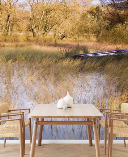 Boat Resting Amongst Reeds on Lake Wall Mural