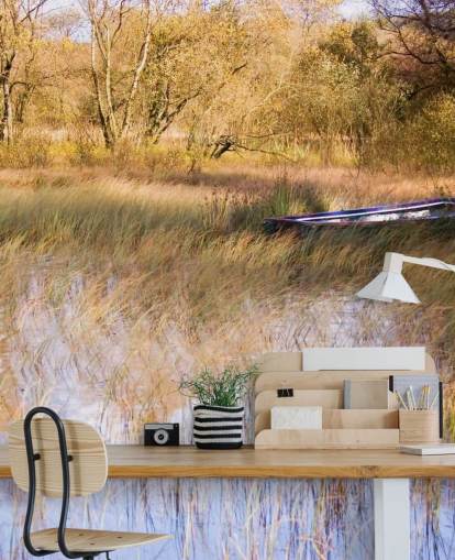 Boat Resting Amongst Reeds on Lake Wall Mural