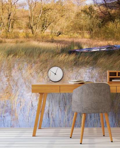 Boat Resting Amongst Reeds on Lake Wall Mural