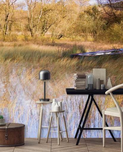 Boat Resting Amongst Reeds on Lake Wall Mural