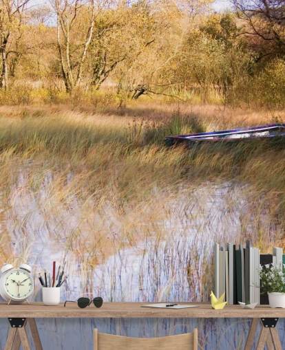 Boat Resting Amongst Reeds on Lake Wall Mural Boat Resting Amongst Reeds on Lake Wall Mural