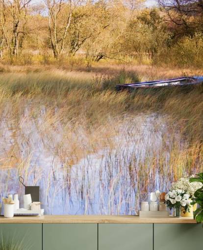 Boat Resting Amongst Reeds on Lake Wall Mural