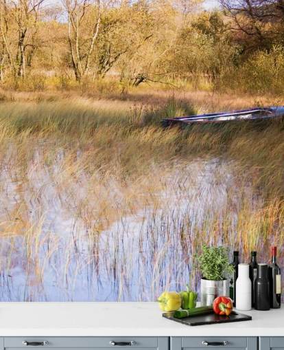 Boot rust tussen riet op muurschildering van het meer