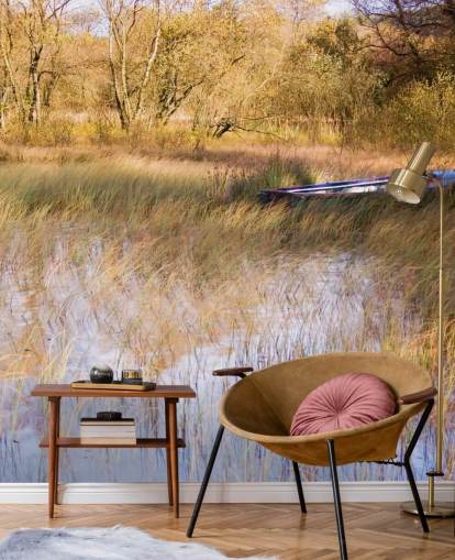 Boat Resting Amongst Reeds on Lake Wall Mural