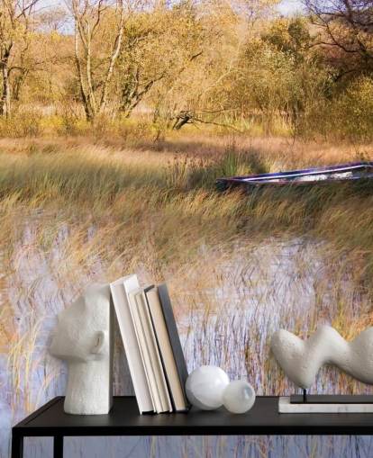 Boat Resting Amongst Reeds on Lake Wall Mural