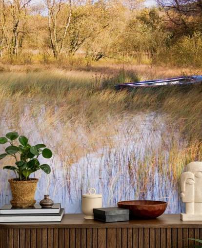 Boat Resting Amongst Reeds on Lake Wall Mural