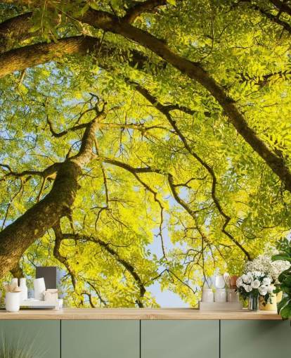 murale con albero verde chiamato Canopy di Phil McMenemy per camere da letto, salotti e uffici domestici