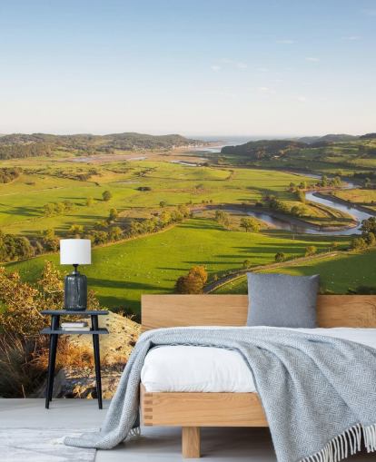 Solnedgang i grønt landskap Landskap Mural