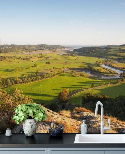 Sunset in Green Countryside Landscape Mural