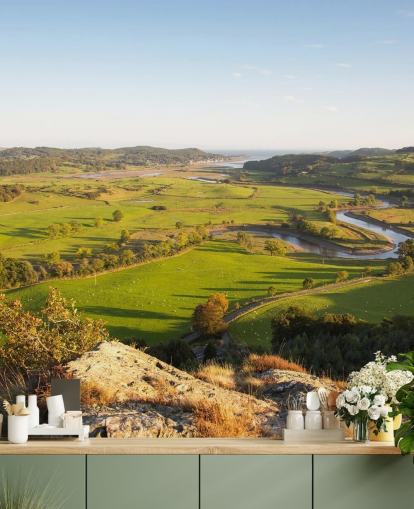 Sunset in Green Countryside Landscape Mural