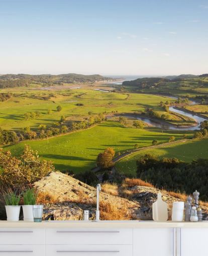 Sunset in Green Countryside Landscape Mural