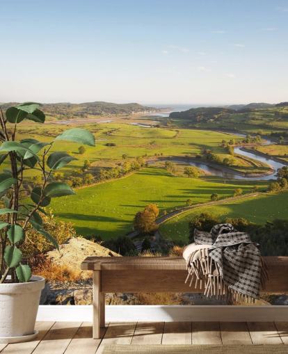 Sunset in Green Countryside Landscape Mural