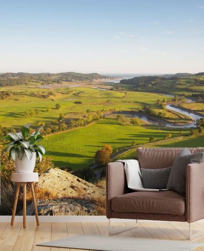 Sunset in Green Countryside Landscape Mural