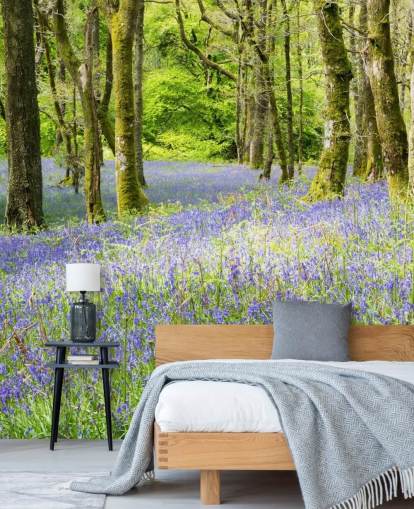 blue and green custom forest wallpaper mural called Into the Blue by Phil McMenemy for living rooms