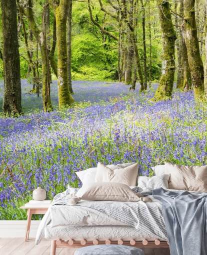 blue and green custom forest wallpaper mural called Into the Blue by Phil McMenemy for living rooms