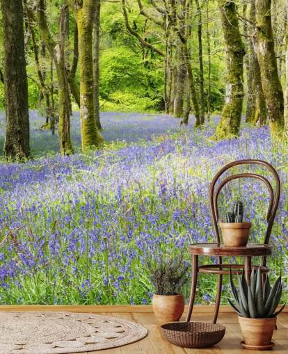 blue and green custom forest wallpaper mural called Into the Blue by Phil McMenemy for living rooms