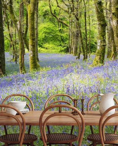 blue and green custom forest wallpaper mural called Into the Blue by Phil McMenemy for living rooms