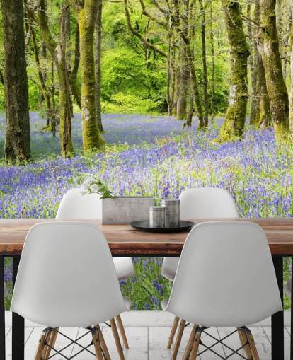 blue and green custom forest wallpaper mural called Into the Blue by Phil McMenemy for living rooms