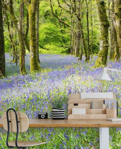 mural de papel pintado de bosque personalizado azul y verde llamado Into the Blue de Phil McMenemy para salas de estar