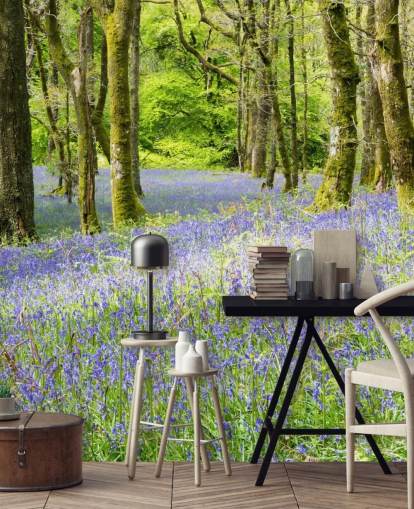 blue and green custom forest wallpaper mural called Into the Blue by Phil McMenemy for living rooms