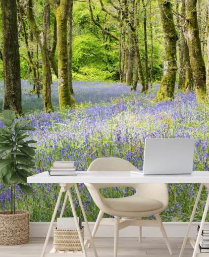 blue and green custom forest wallpaper mural called Into the Blue by Phil McMenemy for living rooms