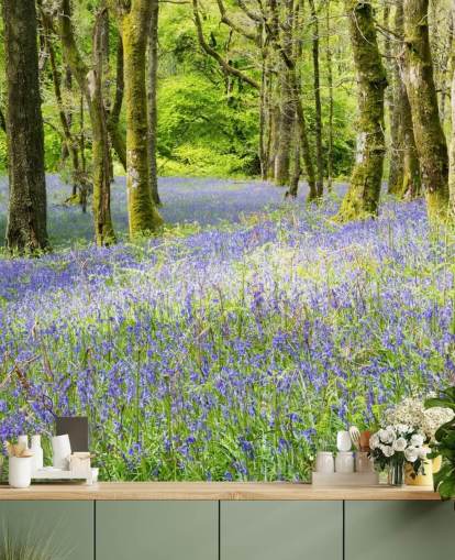 mural de papel de parede florestal personalizado em azul e verde chamado Into the Blue de Phil McMenemy para salas de estar