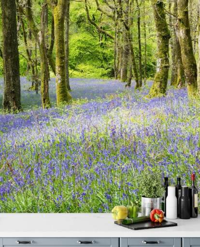 blå og grøn brugerdefineret skov tapetmaleri kaldet Into the Blue af Phil McMenemy til stuer