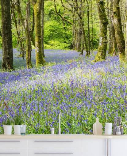 blue and green custom forest wallpaper mural called Into the Blue by Phil McMenemy for living rooms