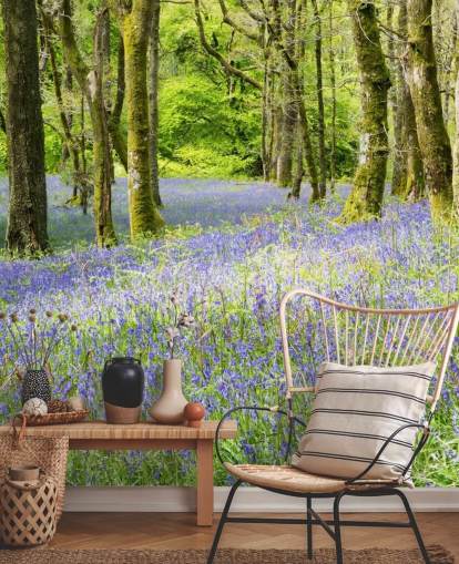 blue and green custom forest wallpaper mural called Into the Blue by Phil McMenemy for living rooms