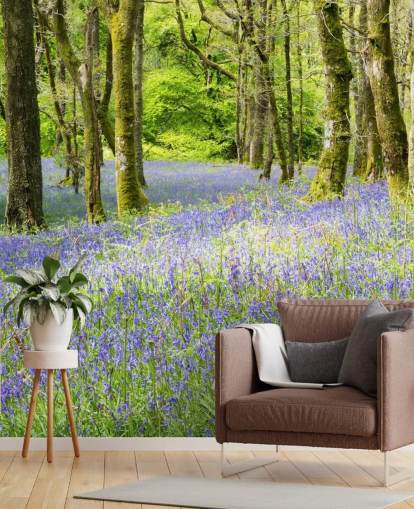 blue and green custom forest wallpaper mural called Into the Blue by Phil McMenemy for living rooms