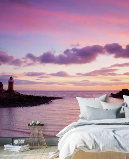 Pôr do sol rosa no mural da parede da costa