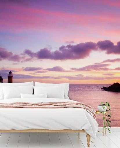 Pôr do sol rosa no mural da parede da costa