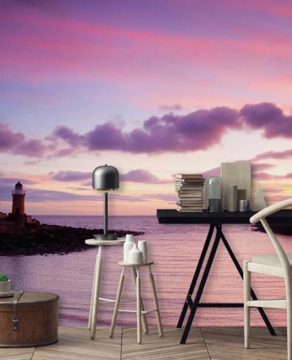Roze zonsondergang bij kustmuurschildering Roze zonsondergang bij kustmuurschildering
