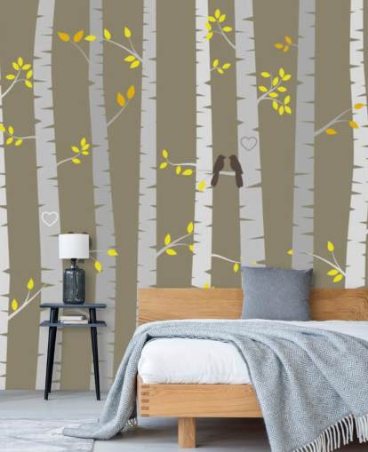 Decorazione murale con uccelli innamorati in una foresta