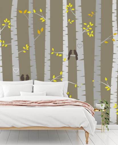 Decorazione murale con uccelli innamorati in una foresta