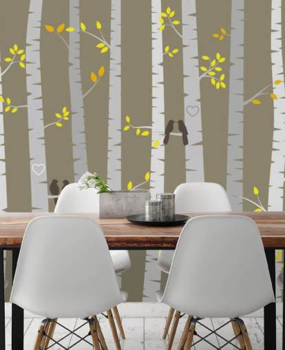 Decorazione murale con uccelli innamorati in una foresta