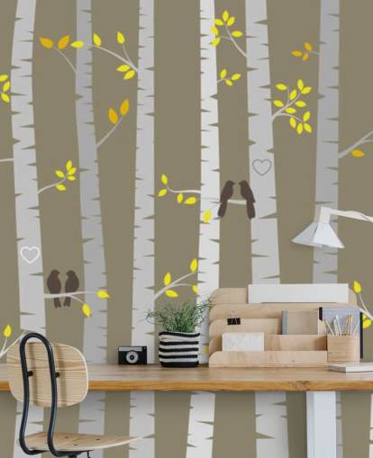 Decorazione murale con uccelli innamorati in una foresta Decorazione murale con uccelli innamorati in una foresta