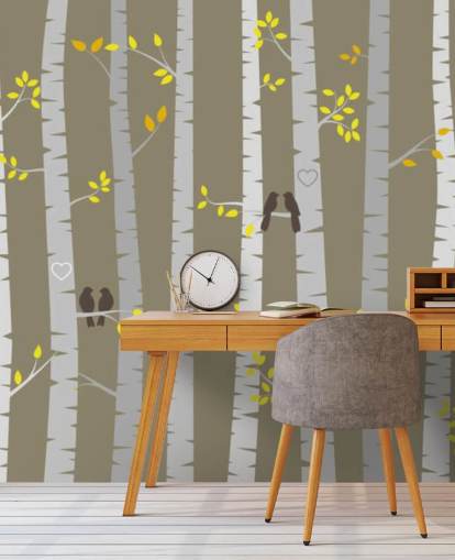 Decorazione murale con uccelli innamorati in una foresta