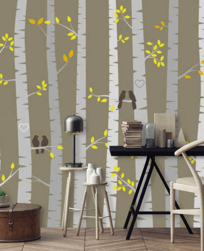 Decorazione murale con uccelli innamorati in una foresta