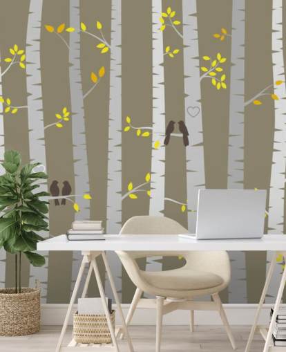 Decorazione murale con uccelli innamorati in una foresta Decorazione murale con uccelli innamorati in una foresta